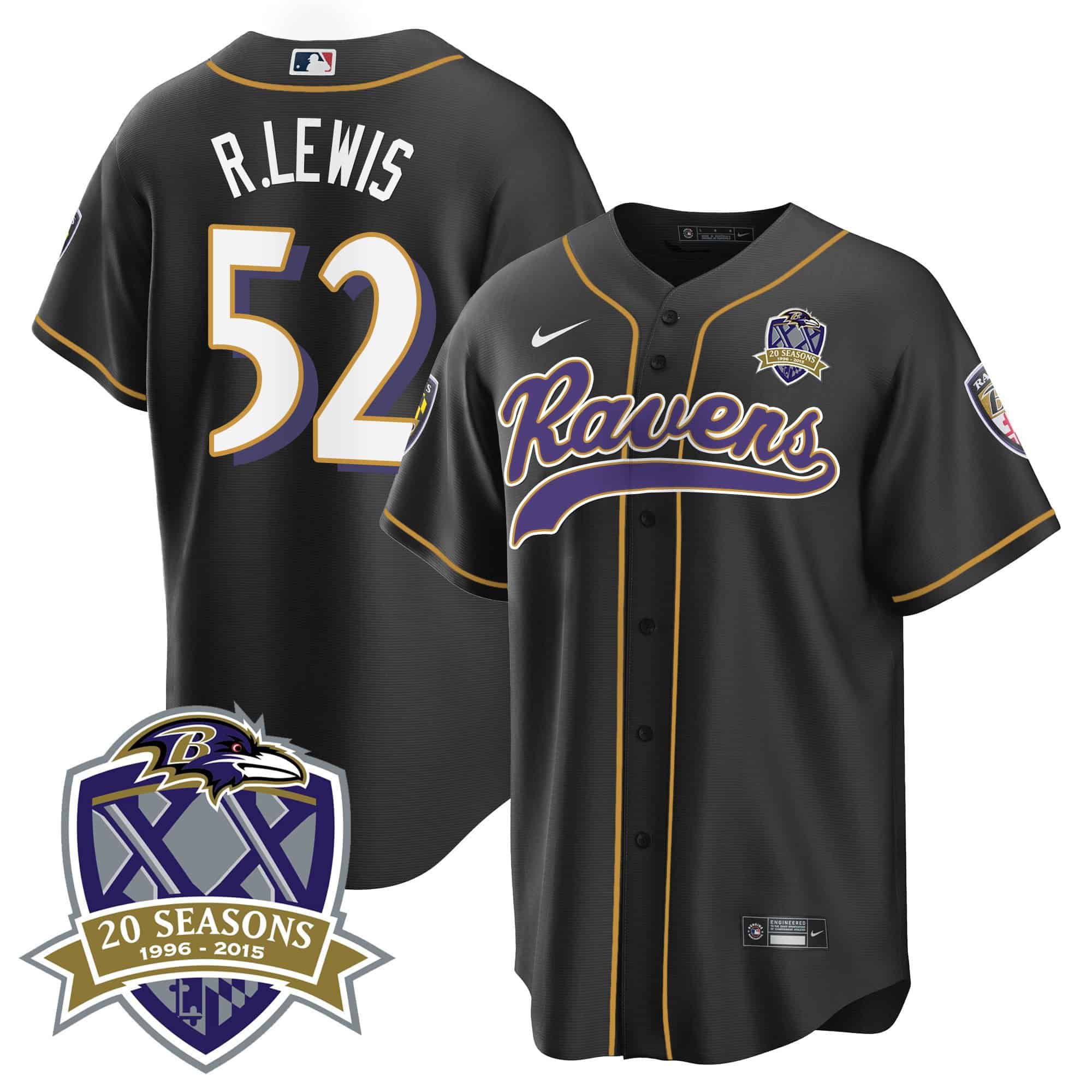 Men Baltimore Ravens 52 R.Lewis Black 2024 Nike 20th Season Patch Baseball NFL Jersey style 1